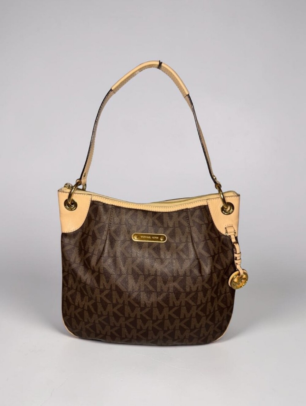 Michael Kors Brown MK Logo Shoulder Bag with Beige Trim